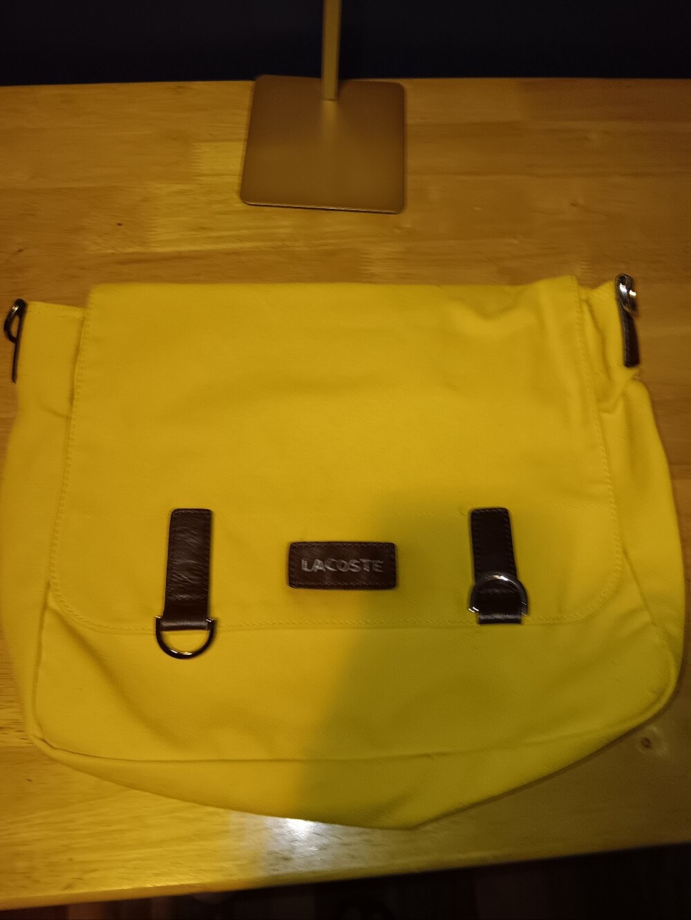 Lacoste Yellow Canvas Messenger Bag with Brown Accents